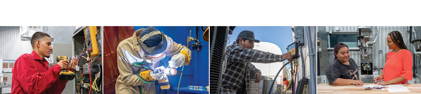 A collage of photos from the McNair Center. Welding, HVAC, students, instructors, and equipment