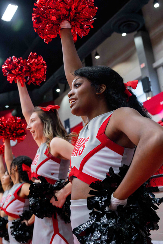 Four cheerleaders cheer in the arena.