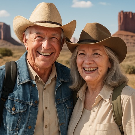 A smiling man and woman in their 60s; they are wearing cowboy hats.